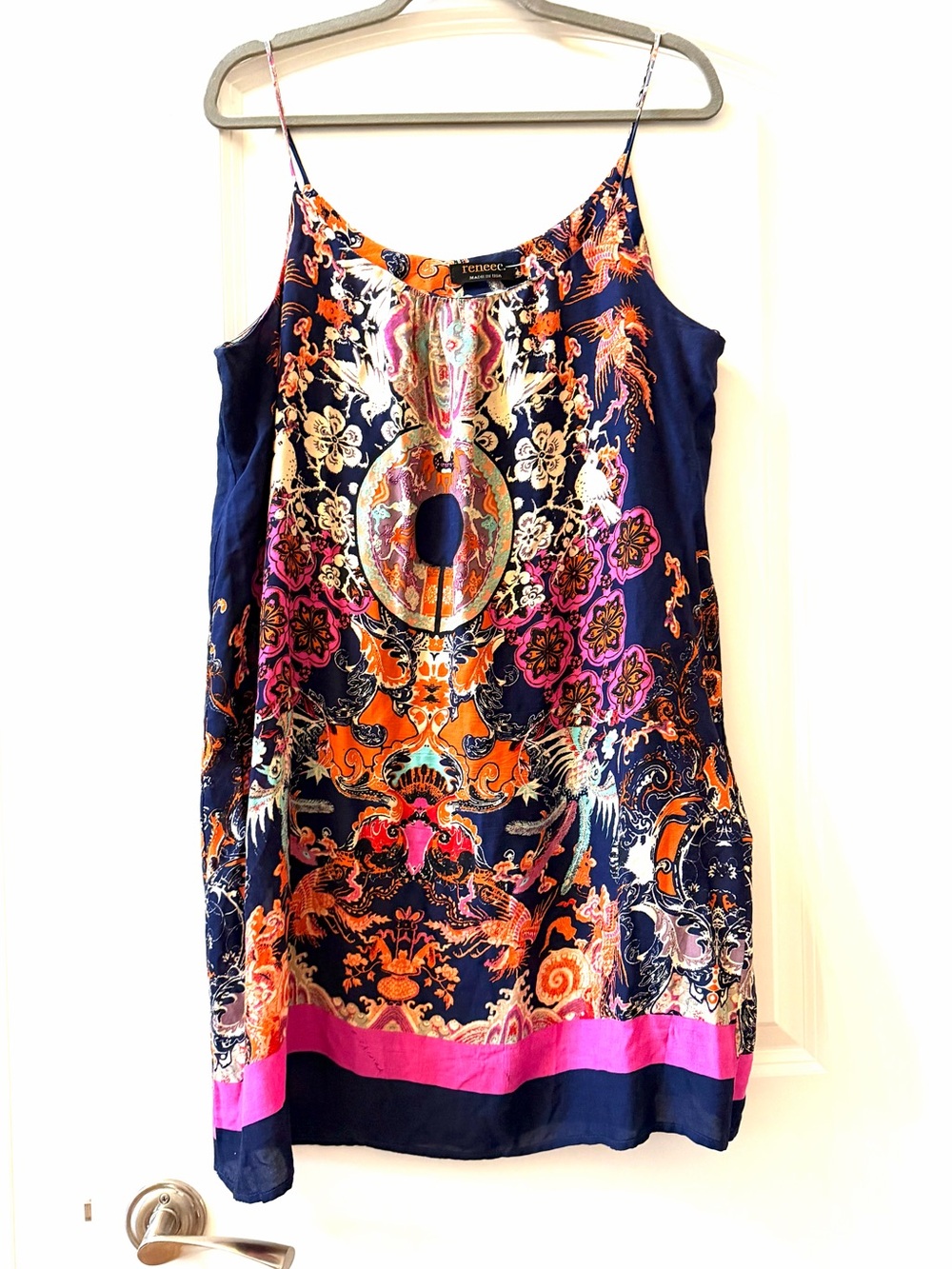 Renee C Bold Maximalist Slip Dress w Medallions and Exotic Birds Print. SZ LG
